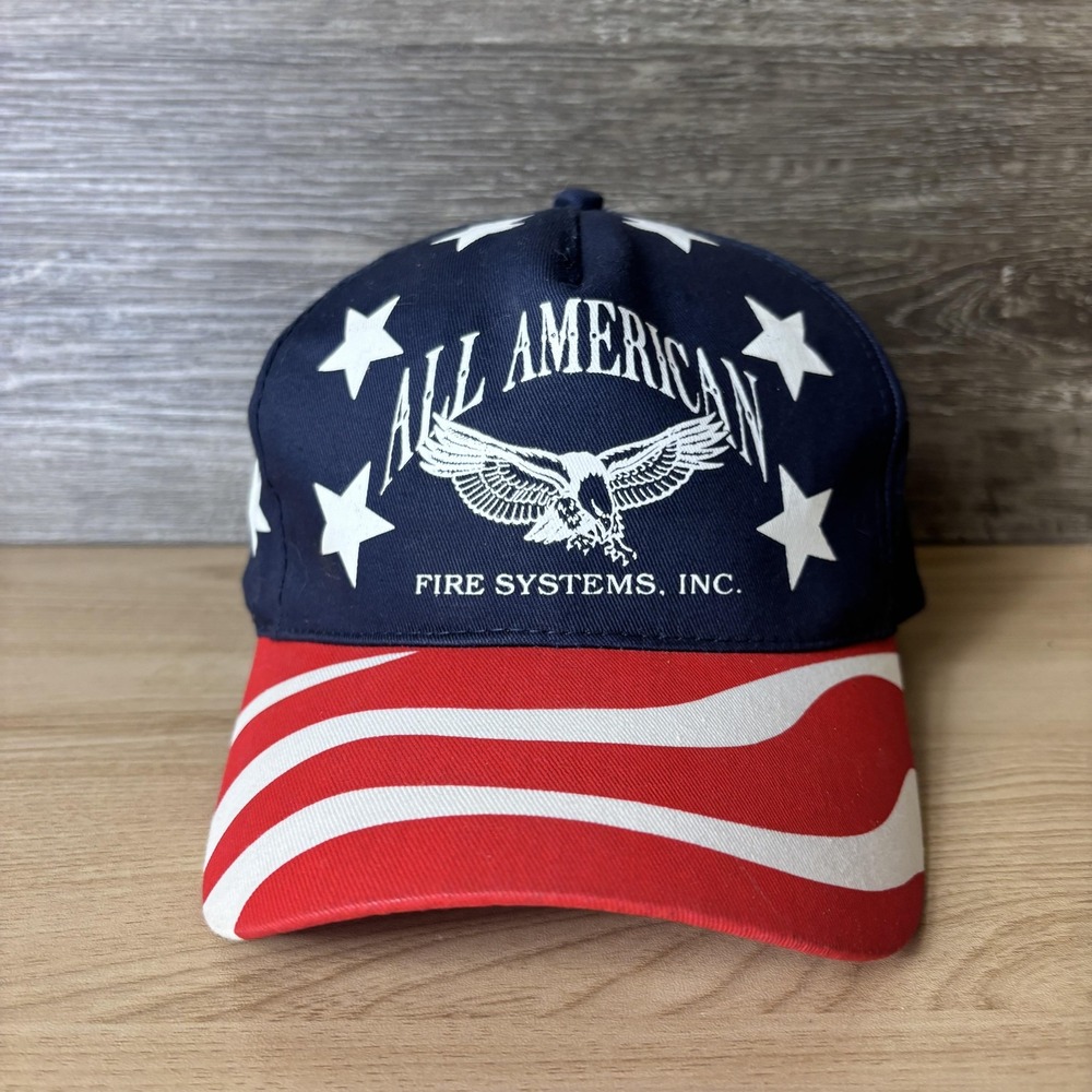 Vintage All American Fire Systems Hat Cap Snap Back Patriotic USA Flag Stars